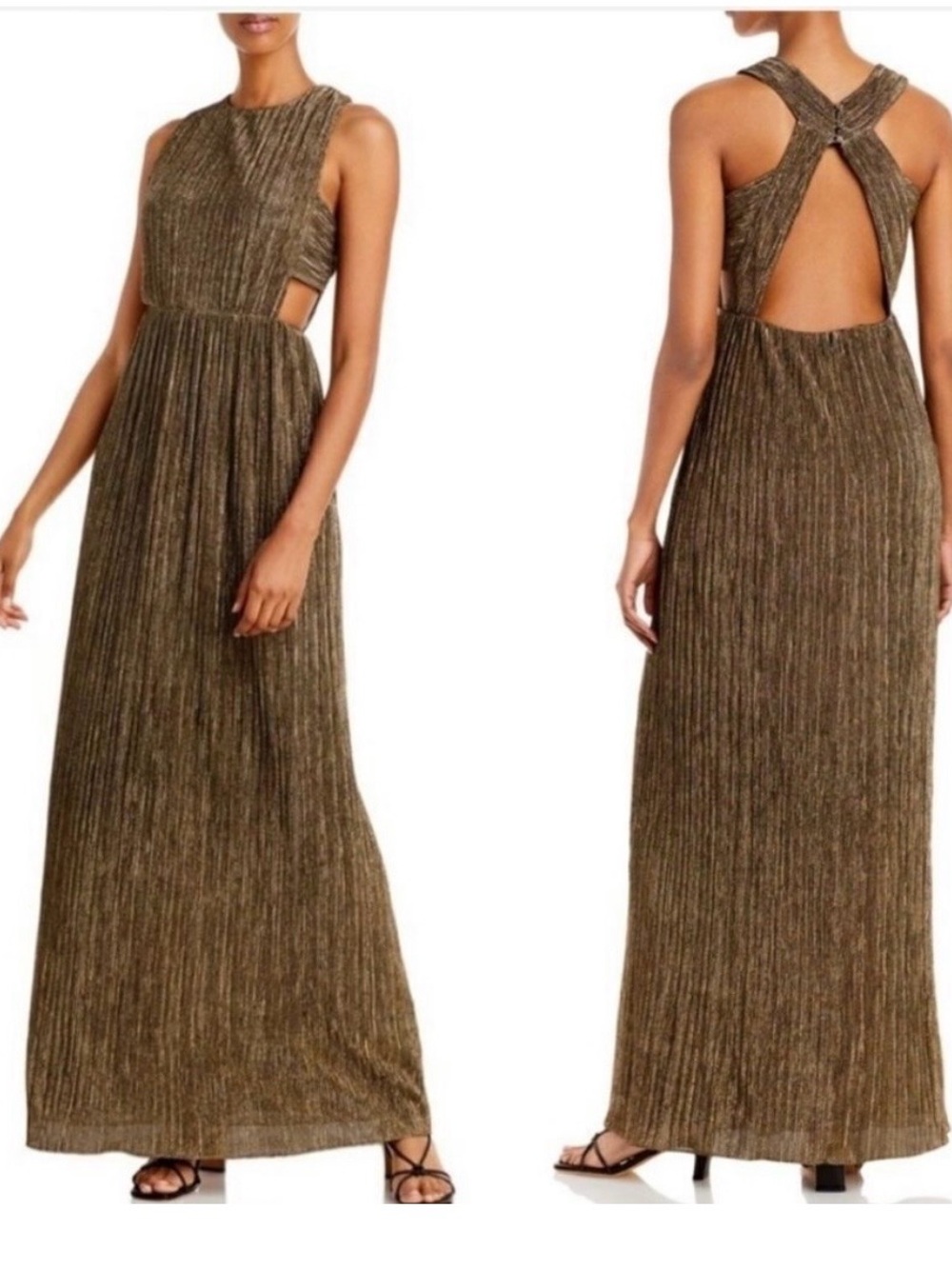 BCBGMaxAzria Metallic Olive Maxi Dress with Twist Open Back